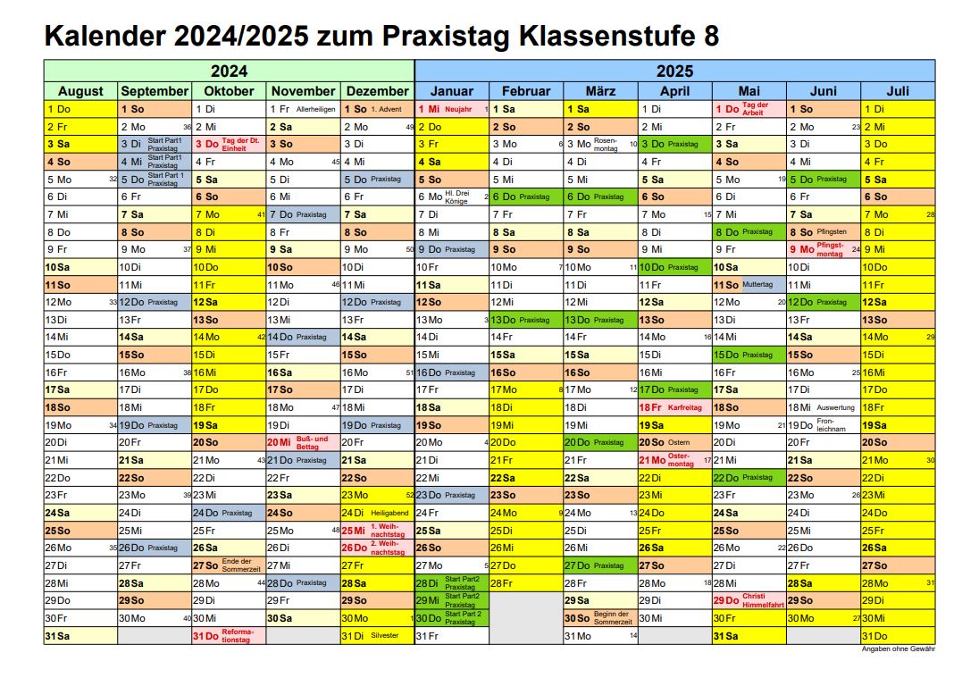 Kalender Praxistag Kl.8